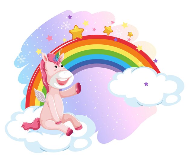 Lindo pegaso en el cielo pastel con arco iris
