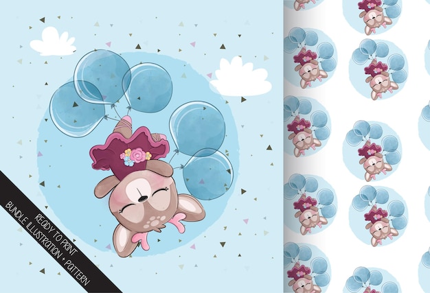 Lindo pequeño ciervo volando con ilustración de corazón de globo Ilustración de fondo