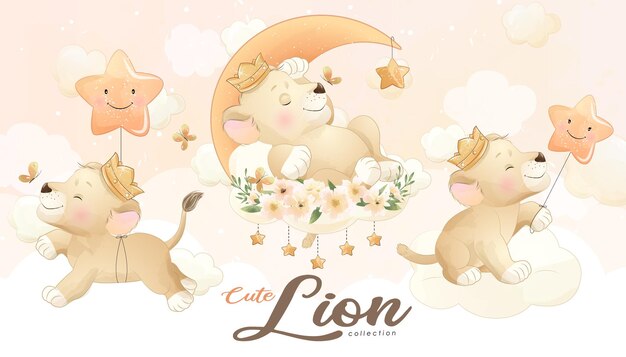 Lindo pequeño león con conjunto de ilustración acuarela