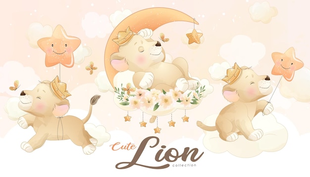 Lindo pequeño león con conjunto de ilustración acuarela