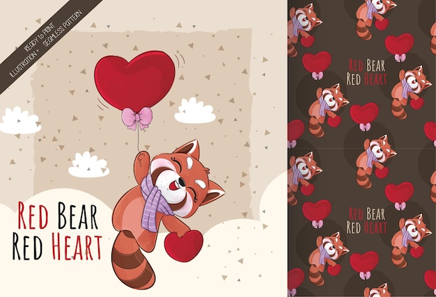 Vector gratuito lindo pequeño panda rojo feliz volando con ilustración de corazón rojo ilustración y conjunto de patrones