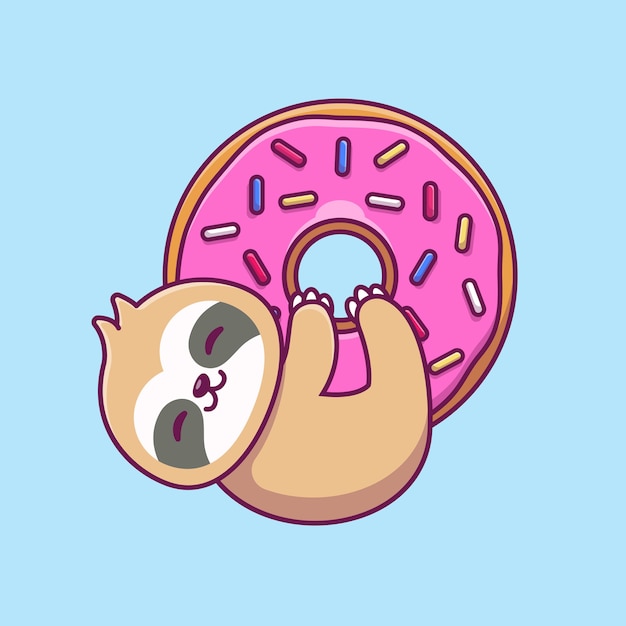 Vector gratuito lindo perezoso abrazo con gran donut icono dibujos animados ilustración