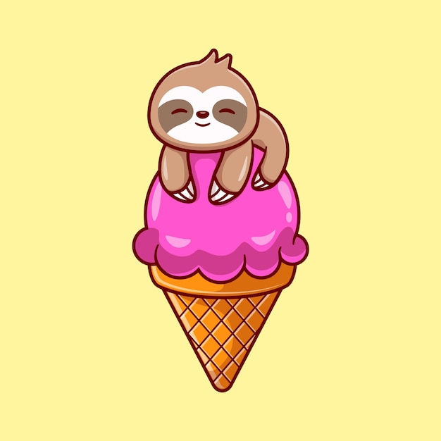 Vector gratuito lindo perezoso en la ilustración de dibujos animados de cono de helado. concepto de bebida animal aislado. estilo de dibujos animados plana