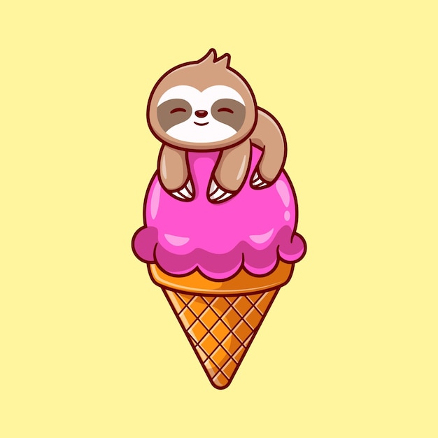 Lindo perezoso en la ilustración de dibujos animados de cono de helado. concepto de bebida animal aislado. estilo de dibujos animados plana