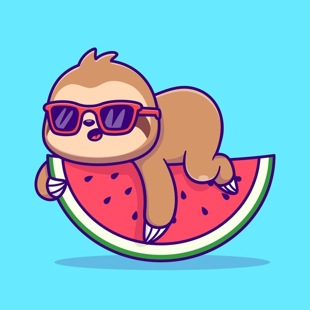 Lindo perezoso tendido en sandía con gafas Dibujos animados Vector Icono Ilustración Animal Vacaciones Icono