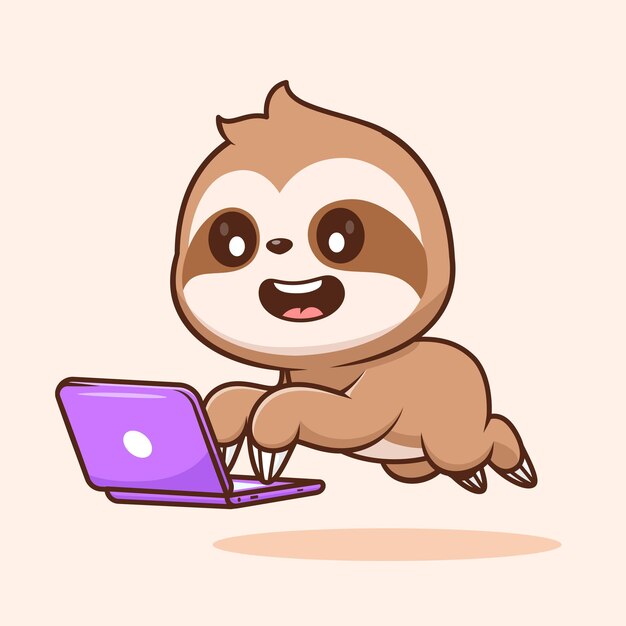 Lindo perezoso trabajando en la computadora portátil dibujos animados icono vectorial ilustración tecnología animal aislado plano