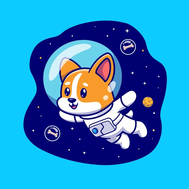 Lindo perro Corgi astronauta flotando en el espacio Cartoon Vector icono ilustración. Concepto de icono de ciencia animal aislado Premium Vector. Estilo de dibujos animados plana