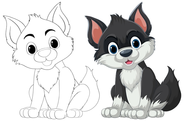 El lindo perro de dibujos animados antes y después de colorear