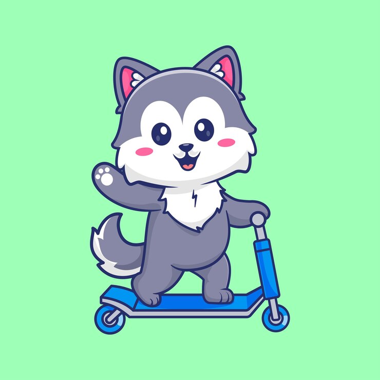 Vector gratuito el lindo perro husky jugando con el scooter ilustración del icono vectorial de dibujos animados transporte de animales plano aislado