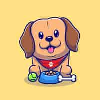 Vector gratuito lindo perro labrador con comida y pelota dibujos animados vector icono ilustración animal deporte icono concepto