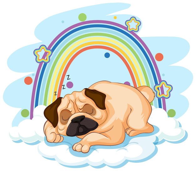 Lindo perro en la nube con arco iris