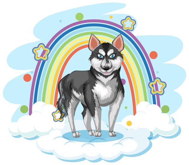 Lindo perro en la nube con arco iris