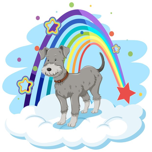 Lindo perro en la nube con arcoiris