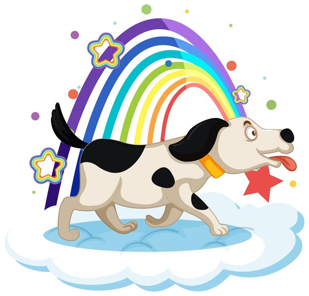 Lindo perro en la nube con arcoiris