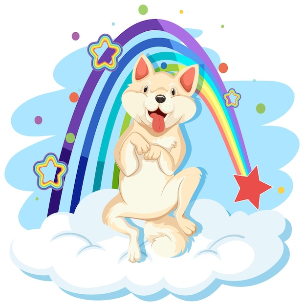 Lindo perro en la nube con arcoiris