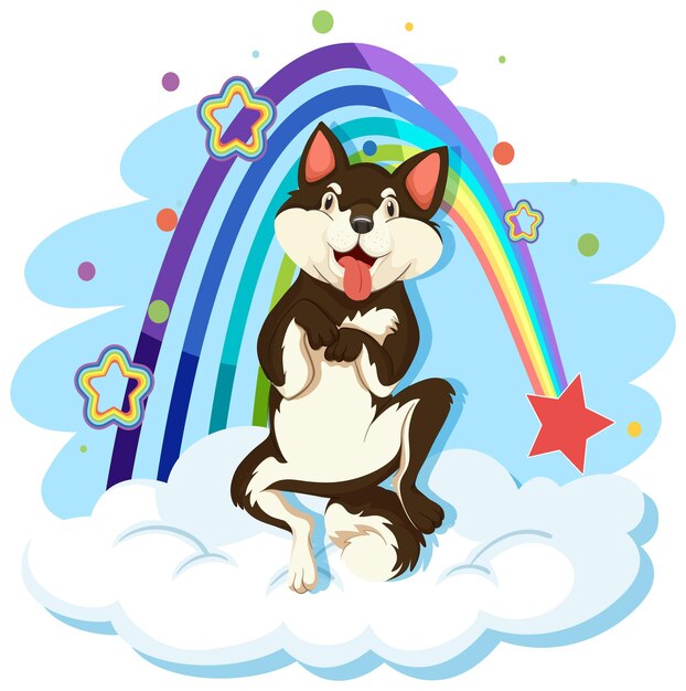Lindo perro en la nube con arcoiris