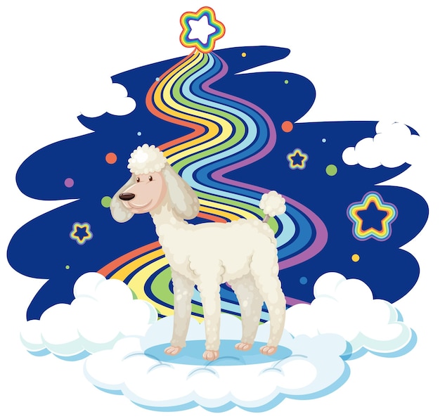 Lindo perro parado en la nube con arco iris