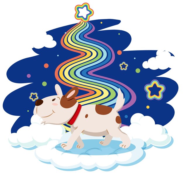 Lindo perro parado en la nube con arco iris