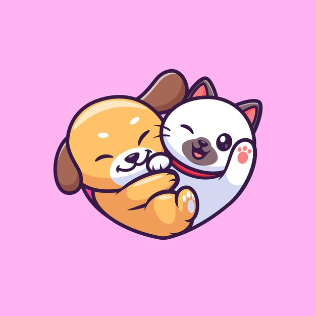 Lindo perro Pug y gato con amor Forma de dibujos animados Icono vectorial Ilustración Naturaleza animal Aislado plano