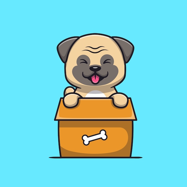 Lindo, perro pug, juego, en, caja, caricatura