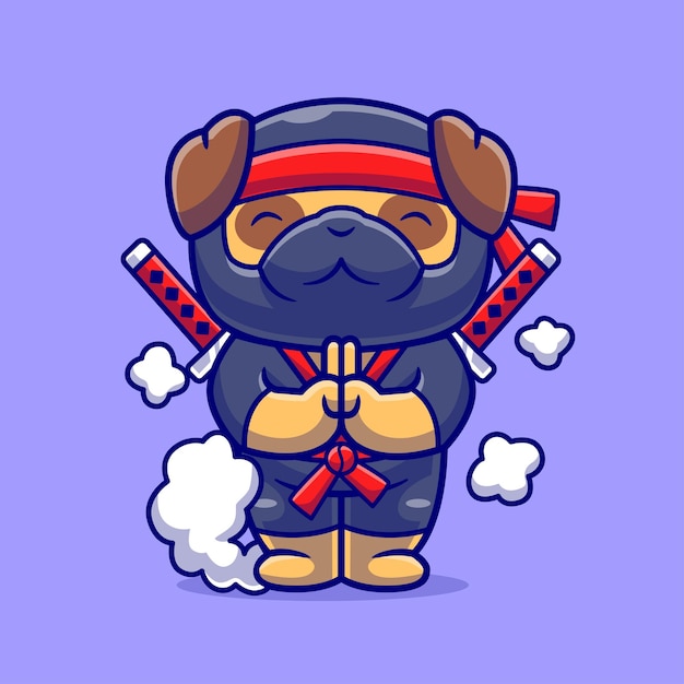 Vector gratuito el lindo perro pug ninja desaparece ilustración de icono vectorial de dibujos animados icono de vacaciones de animales aislado plano