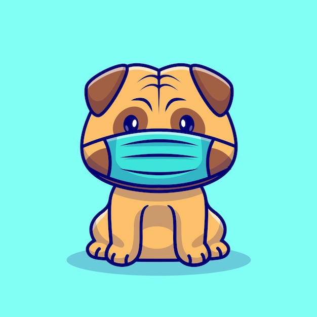 Lindo perro pug sentado y con máscara dibujos animados vector icono ilustración animal saludable icono aislado