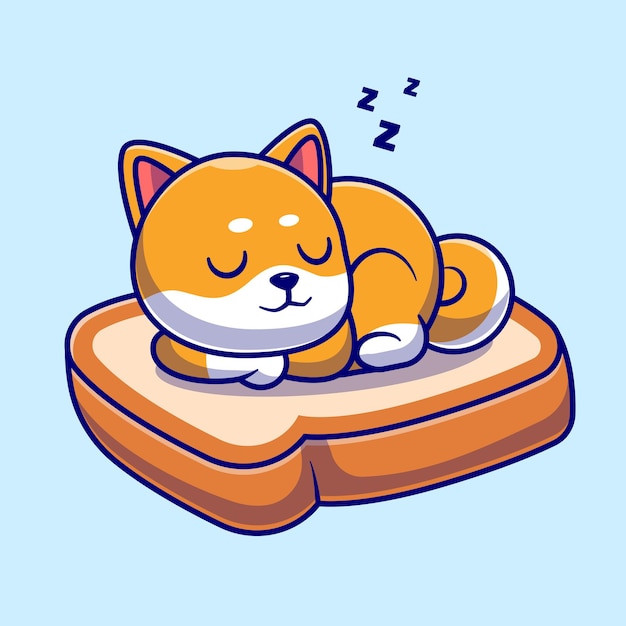 Lindo perro shiba inu durmiendo en la ilustración de icono de vector de dibujos animados de pan. concepto de icono de comida animal aislado vector premium. estilo de dibujos animados plana