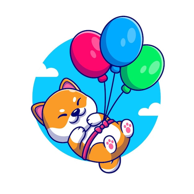 Lindo perro Shiba Inu flotando con globo ilustración de dibujos animados.