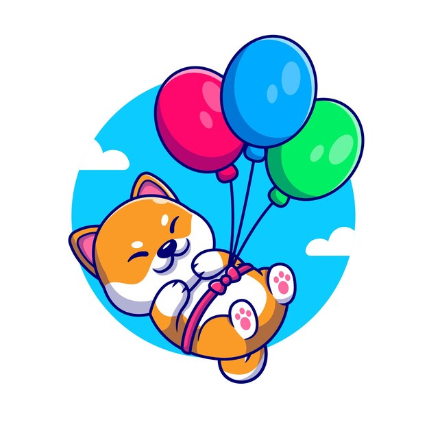 Lindo perro Shiba Inu flotando con globo ilustración de dibujos animados.