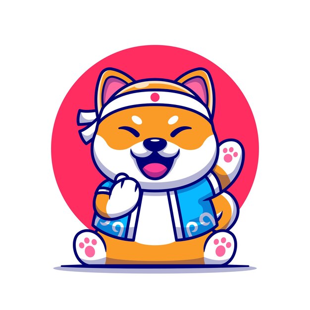 Lindo perro Shiba Inu con ilustración de dibujos animados de traje japonés.