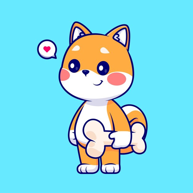 Lindo perro Shiba Inu con ilustración de icono de vector de dibujos animados de hueso. Icono de naturaleza animal plano aislado