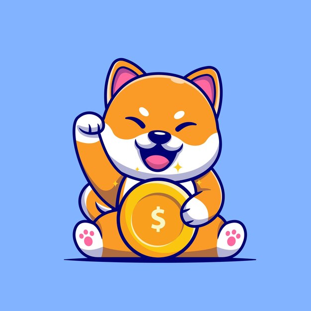 Lindo perro Shiba Inu con ilustración de icono de vector de dibujos animados de moneda de oro. Concepto de icono de negocio animal aislado Vector Premium. Estilo de dibujos animados plana
