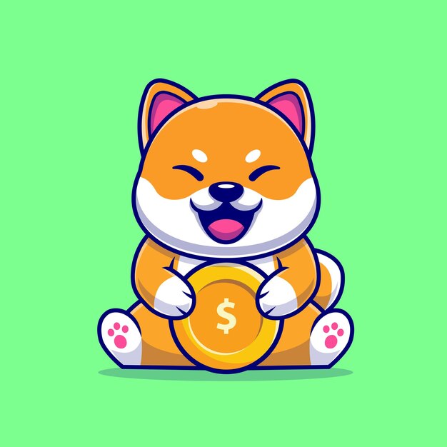 Lindo perro Shiba Inu con ilustración de icono de Vector de dibujos animados de moneda de oro. Concepto de icono de negocio animal aislado Vector Premium. Estilo de dibujos animados plana