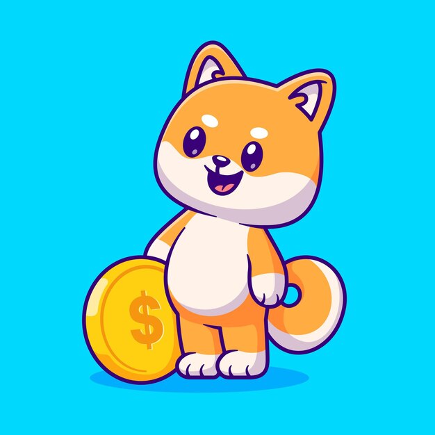 Lindo perro Shiba Inu con ilustración de icono de vector de dibujos animados de moneda de oro. Icono de finanzas animales aislado