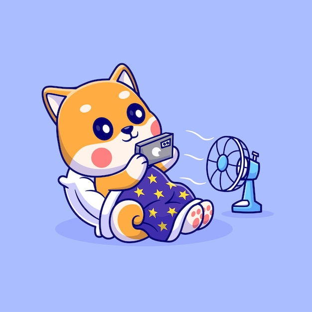 Lindo perro shiba inu jugando al teléfono con ventilador y manta icono vectorial de dibujos animados ilustración de animal techno