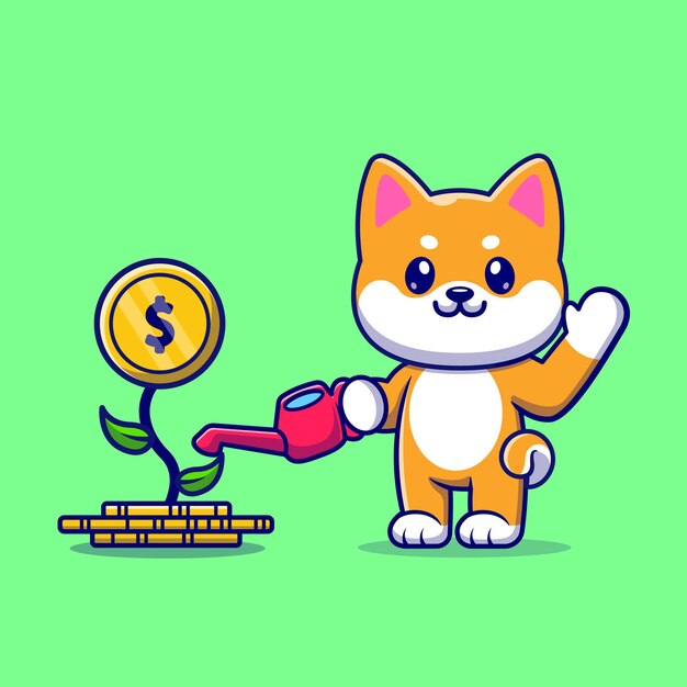 Lindo perro Shiba Inu regando dinero planta dibujos animados Vector icono ilustración. Concepto de icono de negocio animal aislado Vector Premium. Estilo de dibujos animados plana