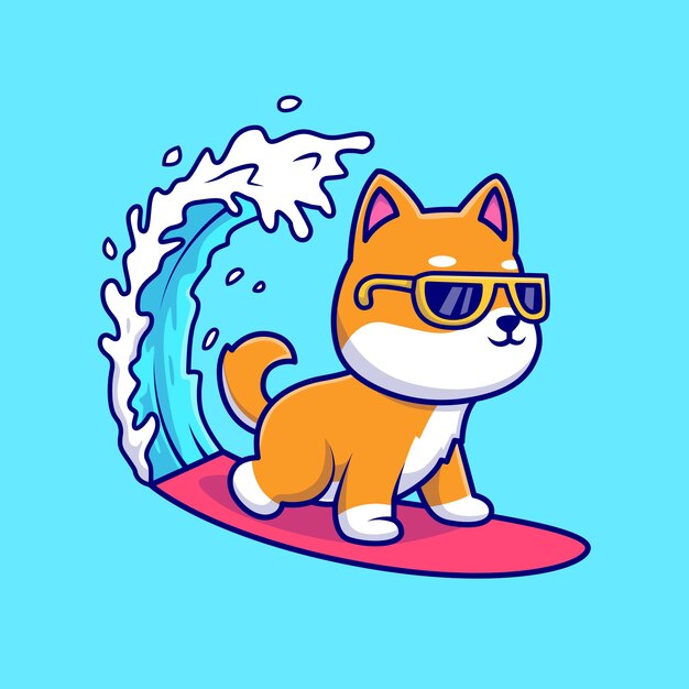 Lindo perro Shiba Inu surfeando en la ilustración de icono de vector de dibujos animados de mar. Icono de deporte animal plano aislado