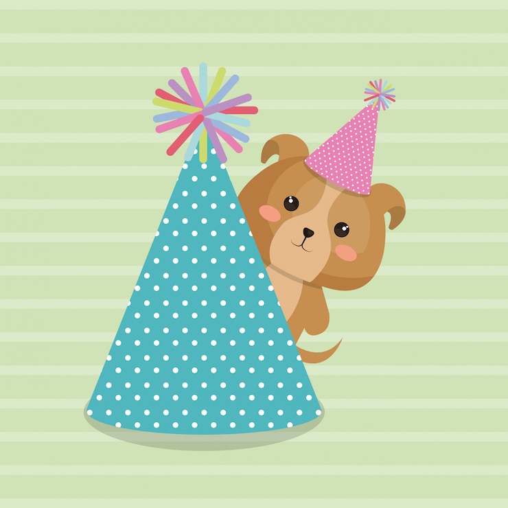 Vector gratuito lindo perro con sombrero fiesta kawaii tarjeta de cumpleaños