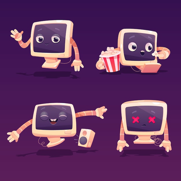 Vector gratuito lindo personaje de computadora en diferentes poses