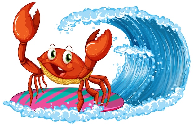 Vector gratuito lindo personaje de dibujos animados de cangrejo surf