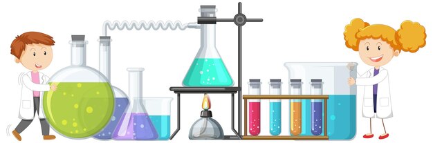 Lindo personaje de dibujos animados científico con herramientas de laboratorio