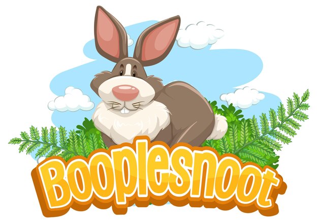 Lindo personaje de dibujos animados de conejo con banner de fuente Booplesnoot aislado