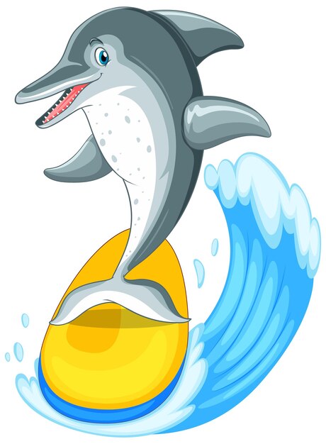 Lindo personaje de dibujos animados de delfines surfeando