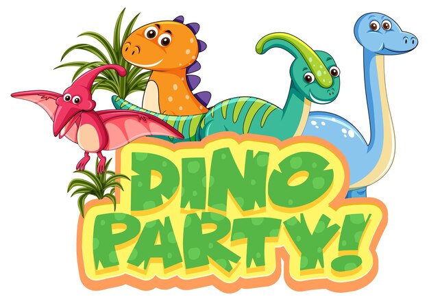 Lindo personaje de dibujos animados de dinosaurios con banner de fuente dino party