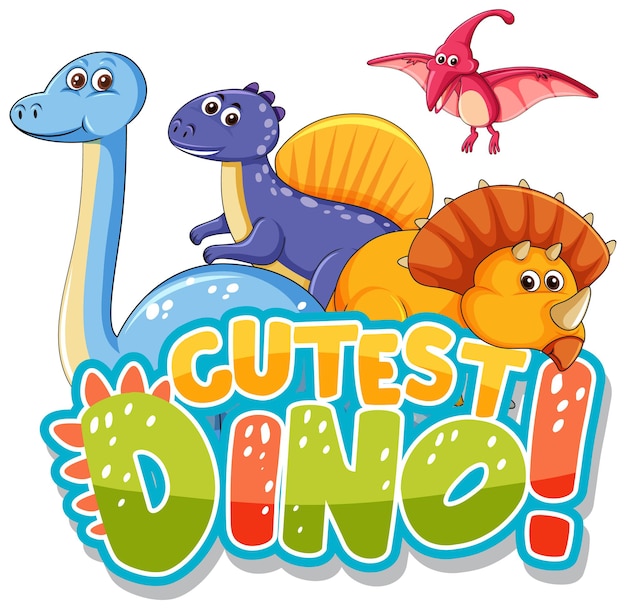 Vector gratuito lindo personaje de dibujos animados de dinosaurios con el banner de fuente de dinosaurio más lindo