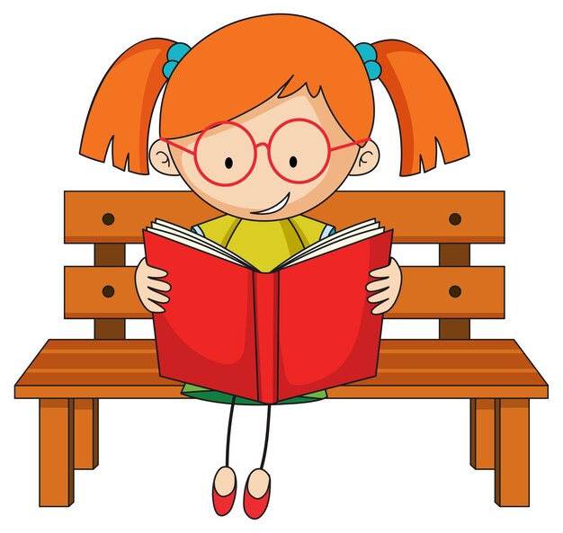 Lindo personaje de dibujos animados de doodle de libro de lectura de niña