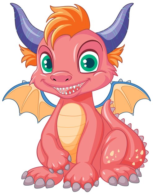 El lindo personaje de dibujos animados del dragón rosado sentado aislado