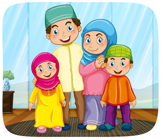 Vector gratuito lindo personaje de dibujos animados de la familia musulmana