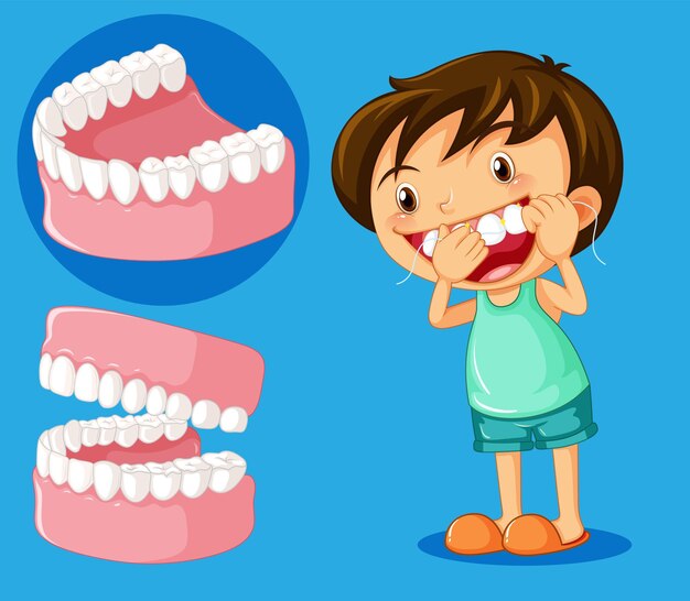 Lindo personaje de dibujos animados de niño usando hilo dental