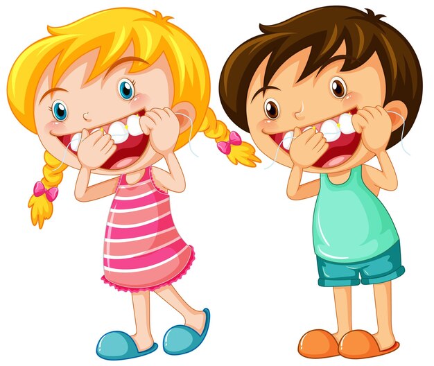 Lindo personaje de dibujos animados de niños usar hilo dental